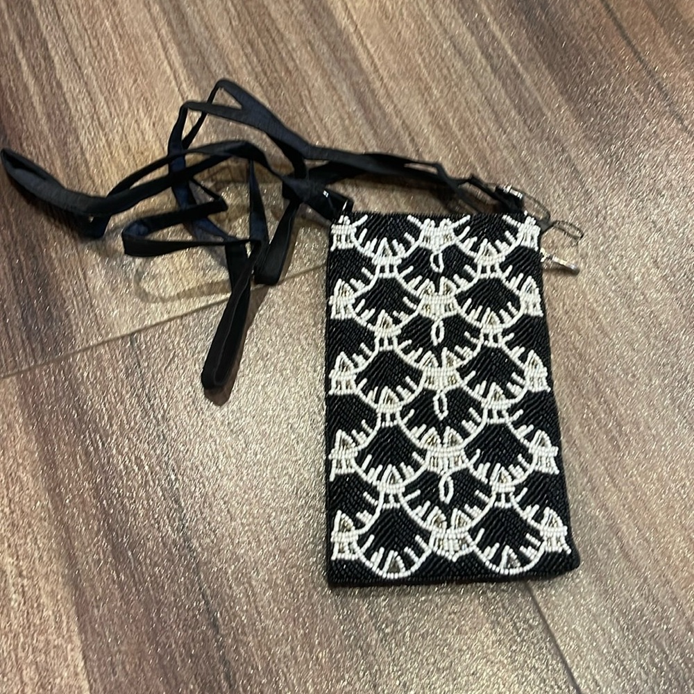 NWOT Embroidered Clutch with Black and White Accents
